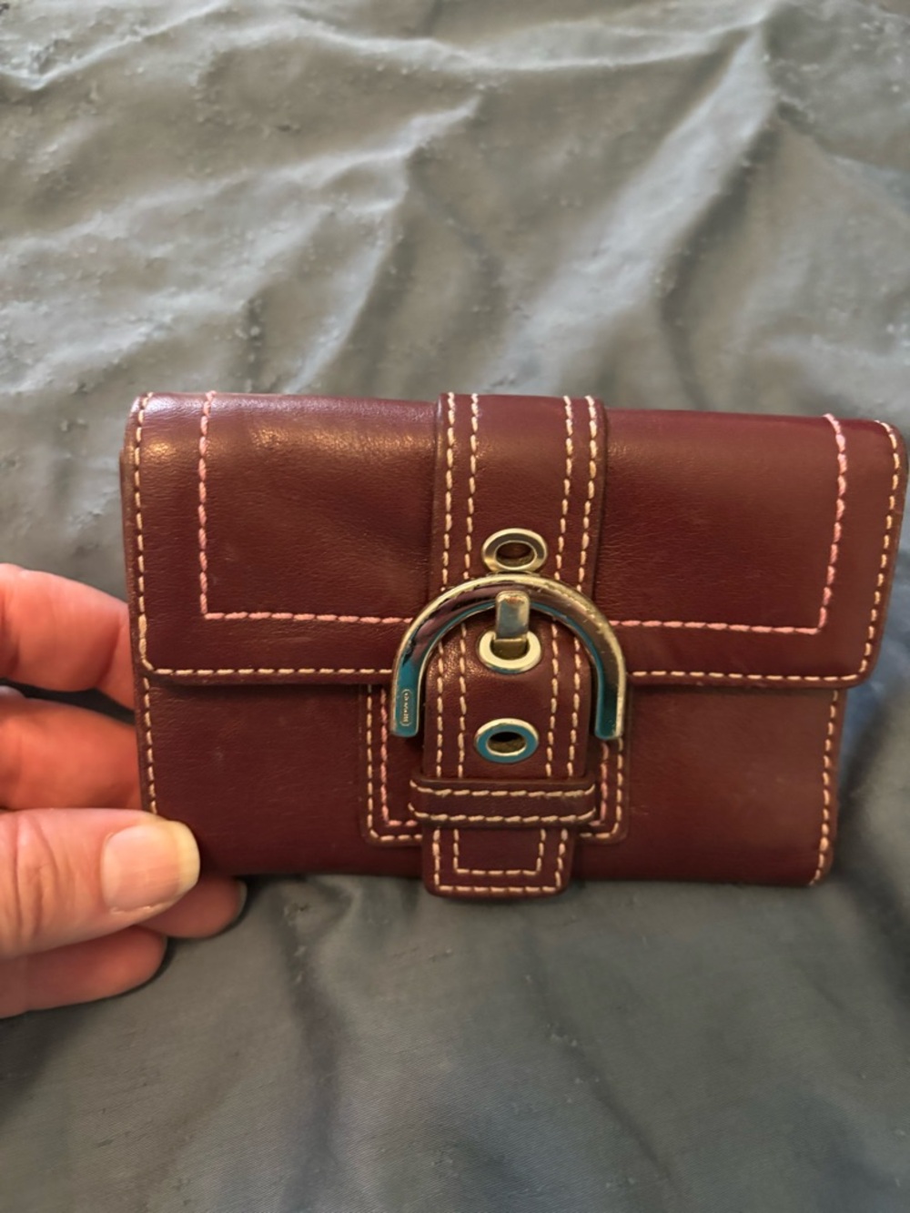 Coach Burgundy Leather Buckle Wallet with White and Pink Stitching